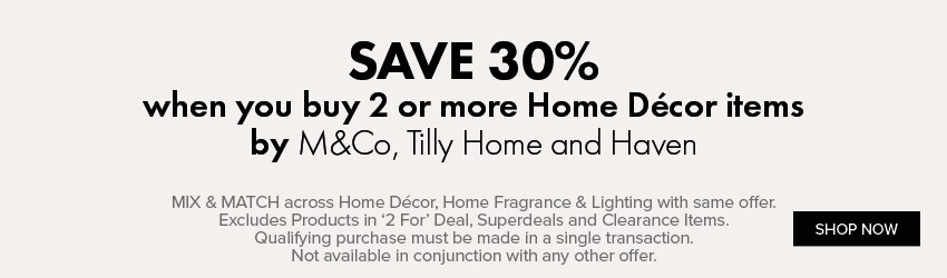 SAVE 30% when you buy 2 or more Home Décor by M&Co, Tilly Home and Haven
