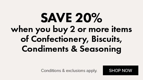 SAVE 20% when you buy 2 or more items of Confectionery, Biscuits, Condiments & Seasoning