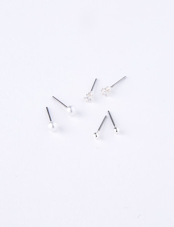 Earsense Small Imitation Silver Ball, CZ & Faux Pearl Stud Earring Trio product photo