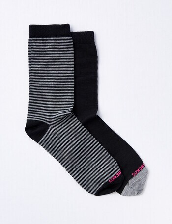 NZ Sock Co. Stripe Merino Crew Sock, 2-Pack, Black & Grey, 9-11 product photo