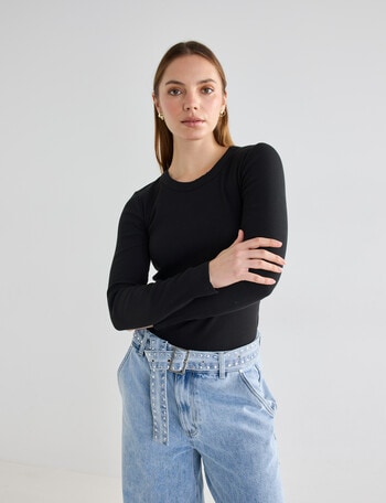 Mineral Hazel Rib Crew Neck Long Sleeve Top, Black product photo