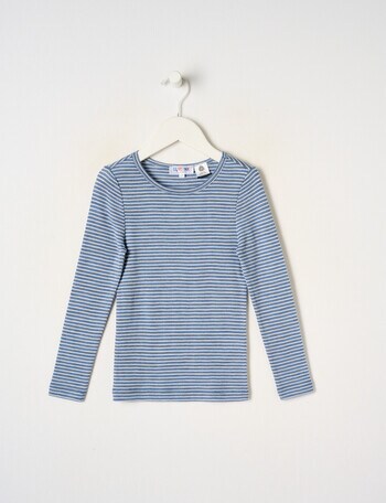 Blue Ink Merino Unisex Long Sleeve Top, Steel Marle & White Stripe product photo