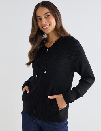 North South Merino Blend Ribbed Zip Thru Hoodie, Black product photo