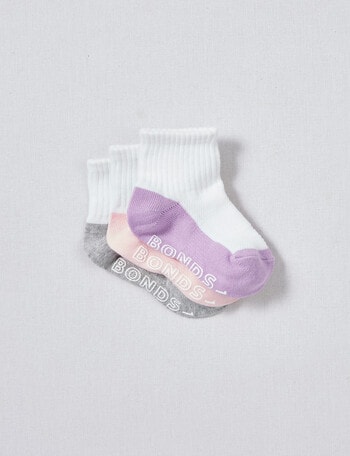 Bonds Logo Lite Quarter Crew Socks, 3-Pack, White, Purple, Baby Grey product photo