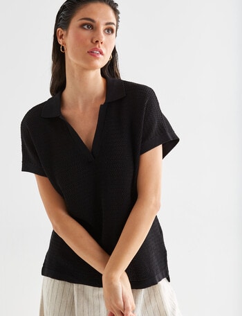 Whistle Knitted Short Sleeve Polo Top, Black product photo