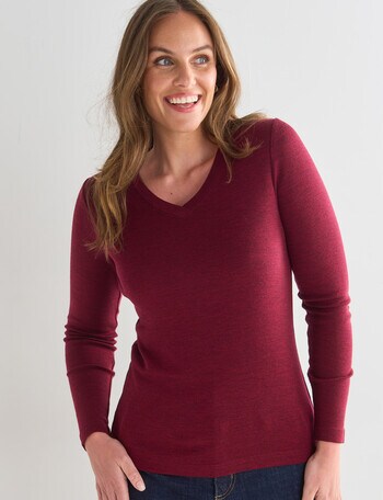 North South Merino Long Sleeve V Neck Top, Ruby Marle product photo
