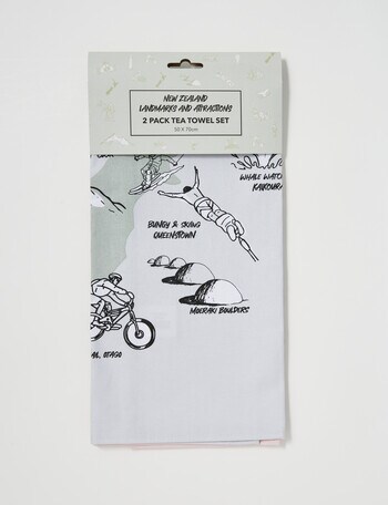 New Zealand Attractions Tea Towel, Set of 2, Pink & Green product photo