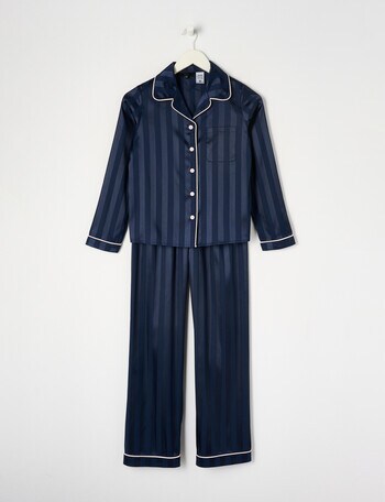 Sleep Squad Jacquard Stripe Long Sleeve Satin PJ Set, Navy, 10-16 product photo