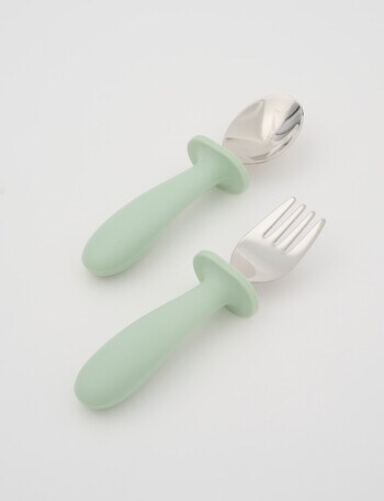 Teeny Weeny Silicone & Stainless Steel Fork & Spoon Set, Green product photo