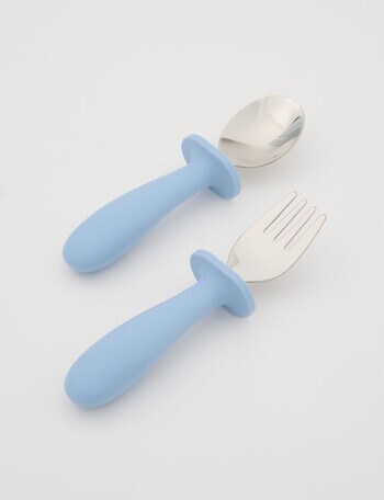 Teeny Weeny Silicone & Stainless Steel Fork & Spoon Set, Blue product photo