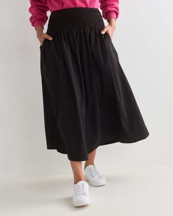 Whistle Shirred Waist Poplin Skirt, Black product photo