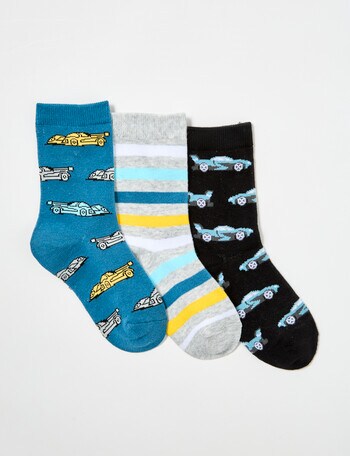 Simon De Winter Cars Crew Sock, 3 Pack, Blue, Grey & Black, 2-10 product photo