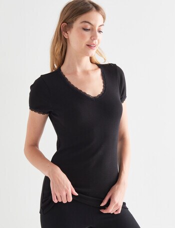 Essence Thermals Merino Cotton Lace Trim Short Sleeve Top, Black, 10-18 product photo