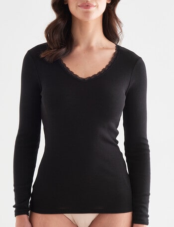 Essence Thermals Merino Cotton Lace Trim Long Sleeve Top, Black, 10-18 product photo