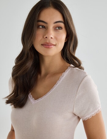 Essence Thermals Merino Cotton Lace Trim Short Sleeved Top, Truffle, 10-18 product photo