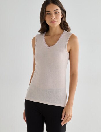 Essence Thermals Merino Cotton Lace Trim Singlet, Truffle, 10-18 product photo