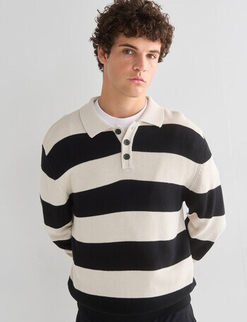 Tarnish Rugby Stripe Knit Long Sleeve Polo Shirt, Black & White product photo