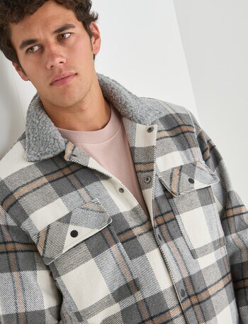 Tarnish Check Sherpa Lined Overshirt, Grey product photo