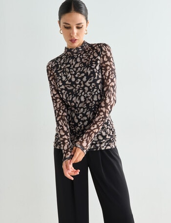 Whistle Animal Print Mesh Long Sleeve Turtle Neck, Black product photo