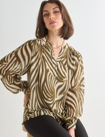 Oliver Black Zebra Print Long Sleeve V Neck Blouse, Olive product photo