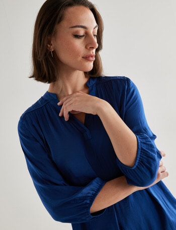 Oliver Black Satin 3/4 Sleeve V Neck Shirred Top, Peacock product photo