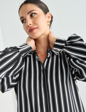 Whistle Stripe Long Sleeve Fashion Blouse, Black & White product photo