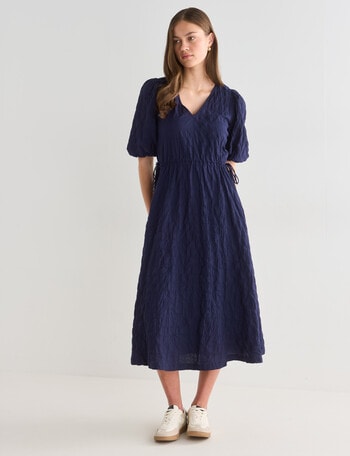 Mineral Vivi Textured V Neck Midi Dress, Navy product photo