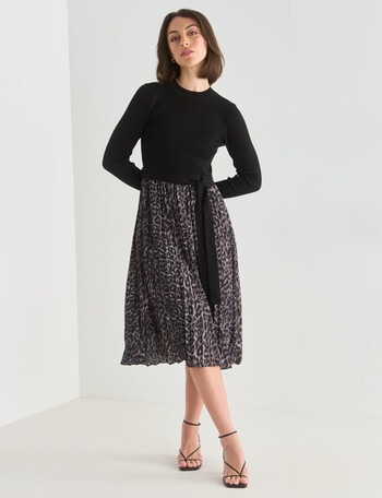 Oliver Black Animal Print Pleated Long Sleeve Dress, Black product photo