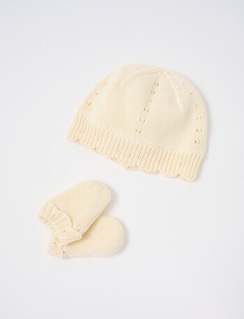 Teeny Weeny Knitted Beanie & Mittens Set, Vanilla product photo