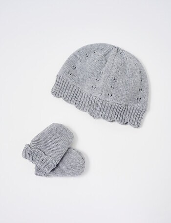 Teeny Weeny Knitted Beanie & Mittens Set, Grey Marle product photo