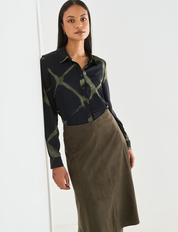 Whistle Classic Abstract Print Satin Long Sleeve Shirt, Olive product photo