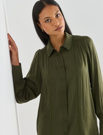 Whistle Satin Long Sleeve Detail Trim Blouse, Olive product photo