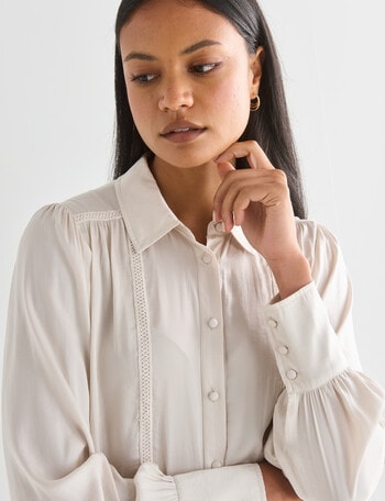 Whistle Satin Long Sleeve Detail Trim Blouse, Cream product photo