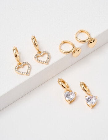 Harlow Heart Drop Earrings, 3-Pack, Gold Tone product photo