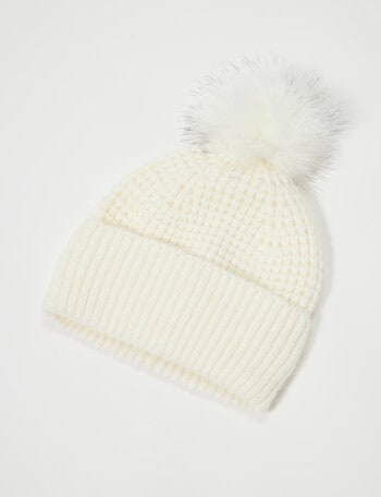 Boston + Bailey Puff Stitch Pom Pom Beanie, Cream product photo