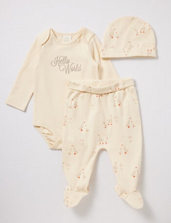Little Bundle Hello World Bodysuit, Crawlers & Hat Set, 3-Piece, Vanilla product photo