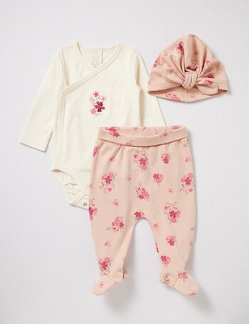 Little Bundle Flower Wrapped Bodysuit, Crawlers & Hat Set, 3-Piece, Vanilla & Pale Pink product photo