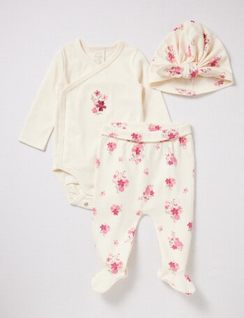 Little Bundle Flower Wrapped Bodysuit, Crawlers & Hat Set, 3-Piece, Vanilla product photo