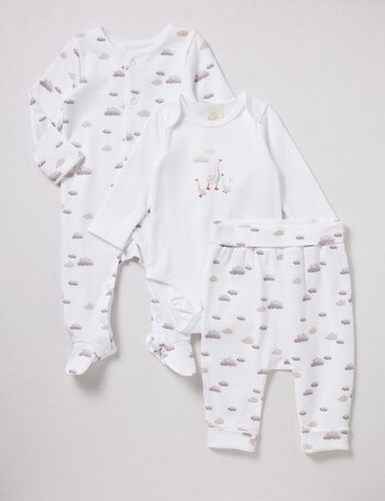 Little Bundle Cloud Bodysuit, Pants, Sleepsuit Set, 3-Piece, White product photo