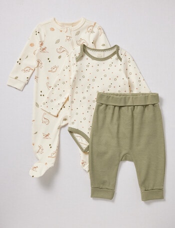 Little Bundle Dino Bodysuit, Pants, Sleepsuit Set, 3-Piece, Vanilla & Green product photo