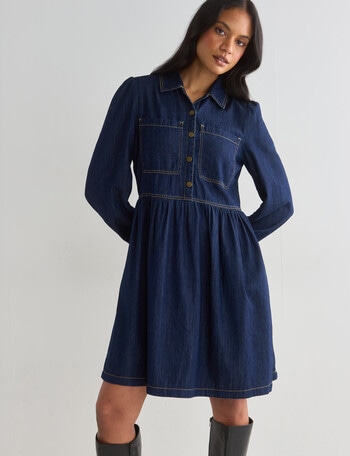 Whistle Denim Long Sleeve Shirt Dress, Indigo product photo