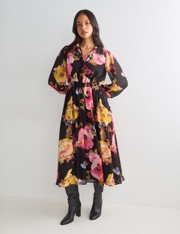 Whistle Blurred Floral Shirred Waist Long Sleeve Shirt Dress, Black product photo
