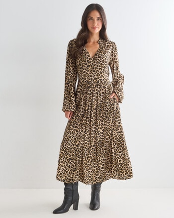 Whistle Animal Print Long Sleeve Midi Dress, Beige product photo
