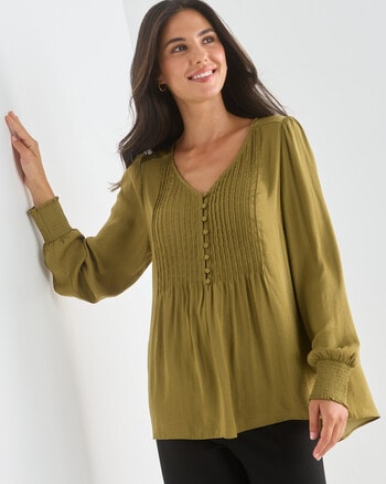Whistle Pintuck Detail V Neck Long Sleeve Blouse, Moss product photo