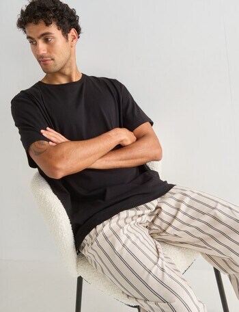 Mazzoni Short Sleeve Tee & Woven Stripe Pant PJ Set, Black & Sand product photo
