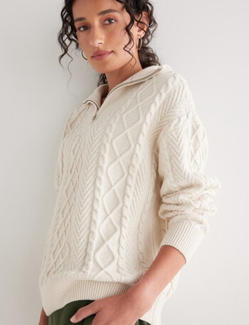 Zest 1/4 Zip Cable Knit Jumper, Winter White product photo