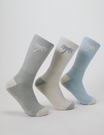 Gym Equipment Palm Tree Crew Cushion Foot Sock, 3-Pack, Sage, Blue & Beige product photo