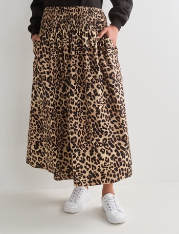 Whistle Animal Print Shirred Waist Poplin Skirt, Brown product photo
