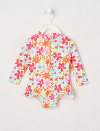 Teeny Weeny Bright Flower Long-Sleeve Swimsuit, Raspberry product photo