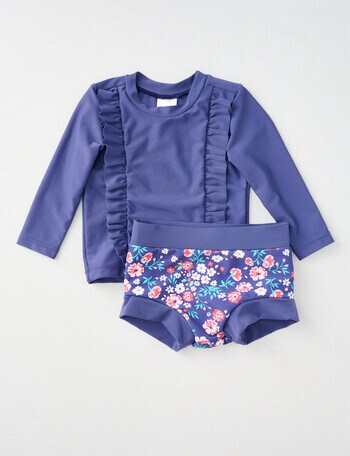Teeny Weeny Ditsy Flower Long-Sleeve Swim Top & Nappy Set, 2-Piece, Navy product photo